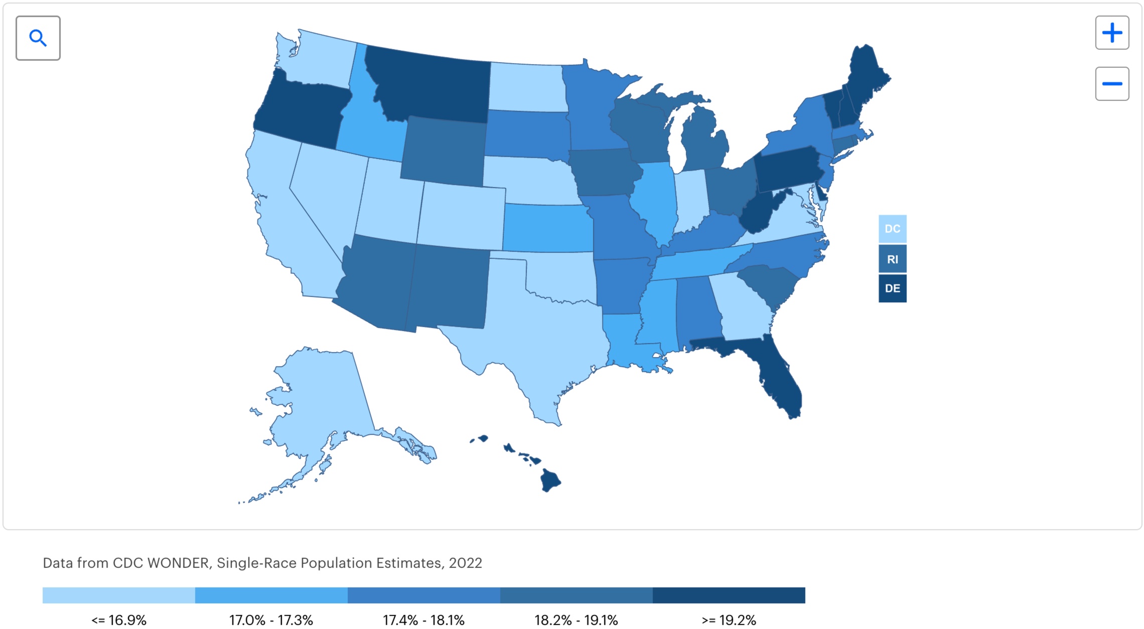 States with the highest number of residents over 65