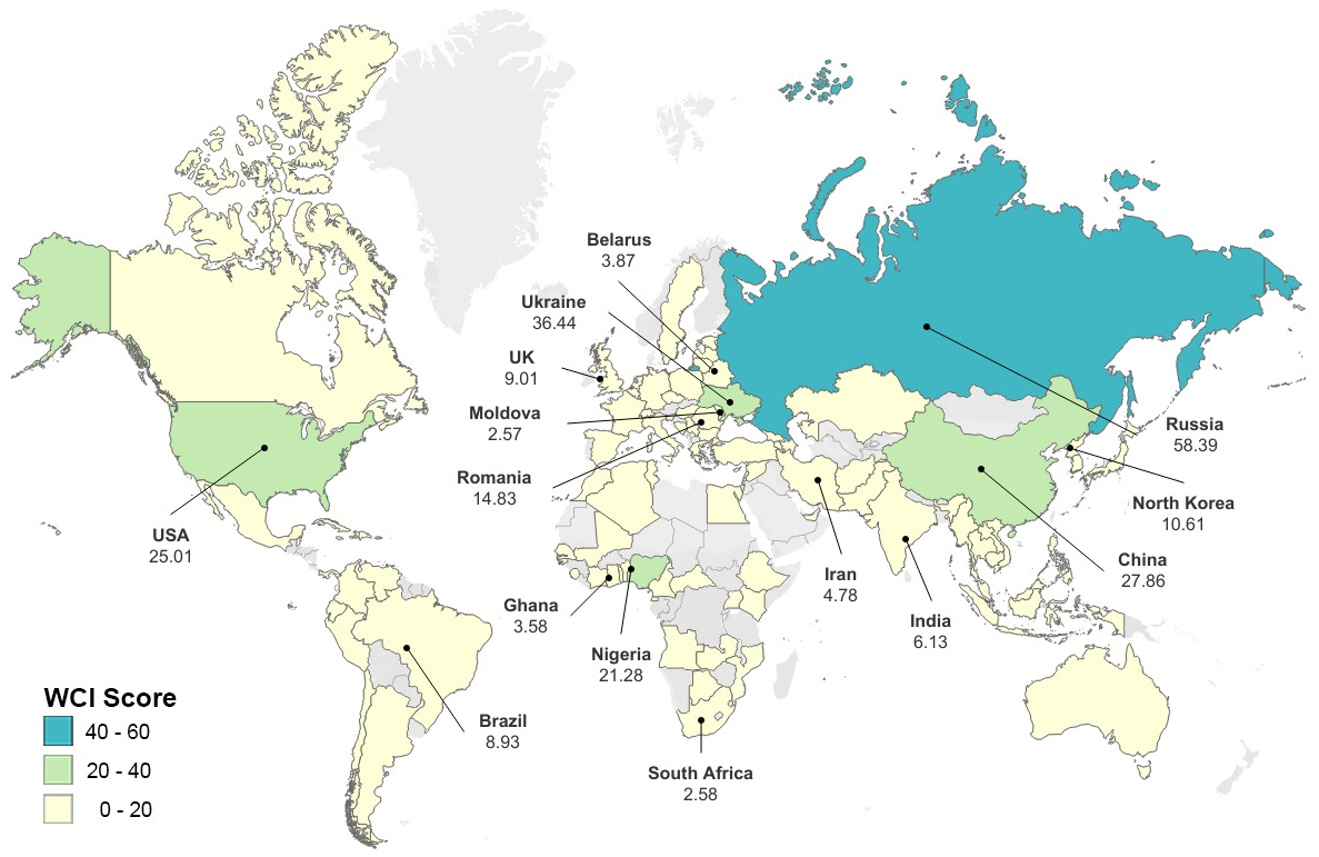 Most active countries in global cybercrime