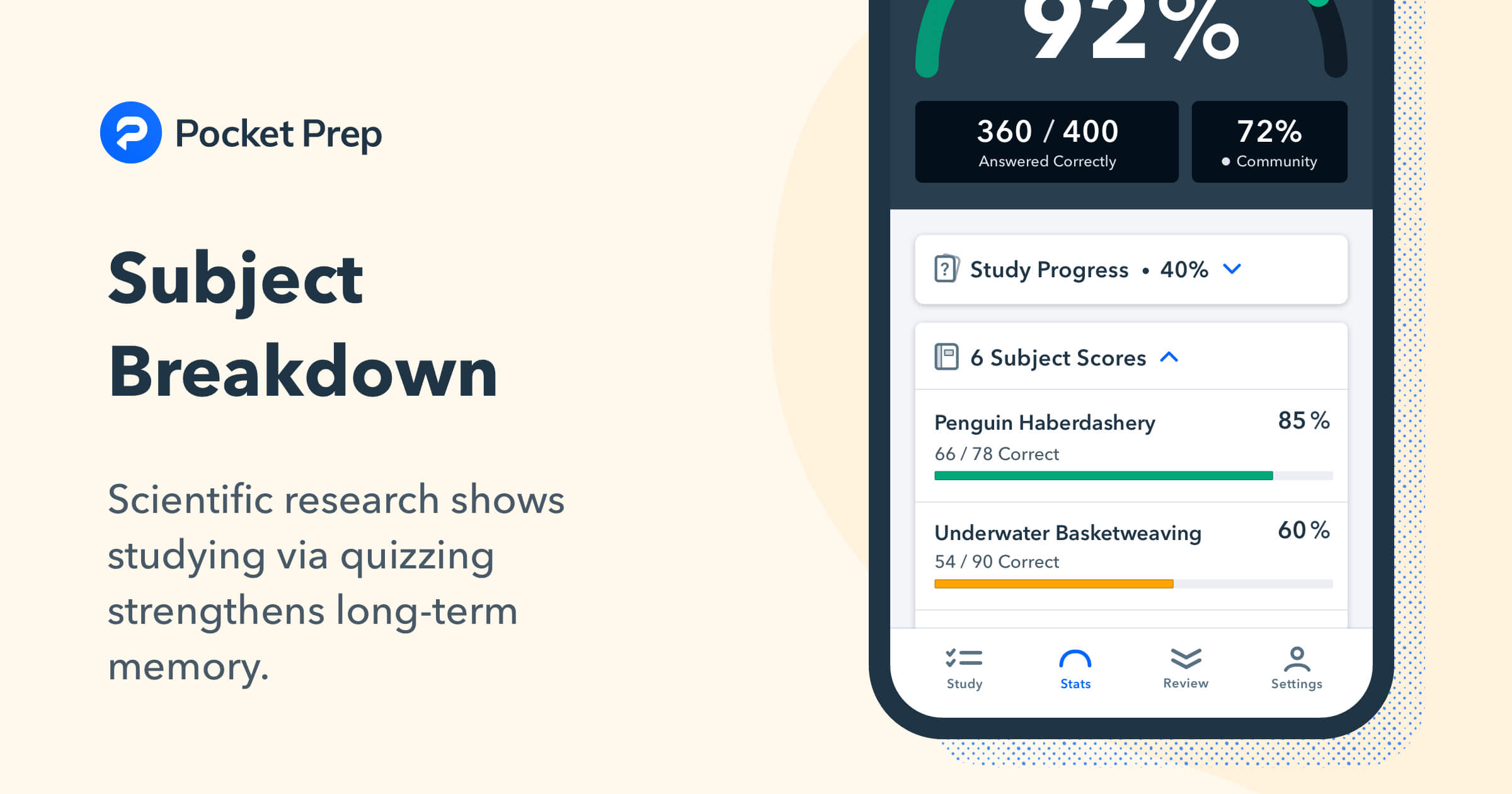 Pocket Prep subject area breakdown for studying
